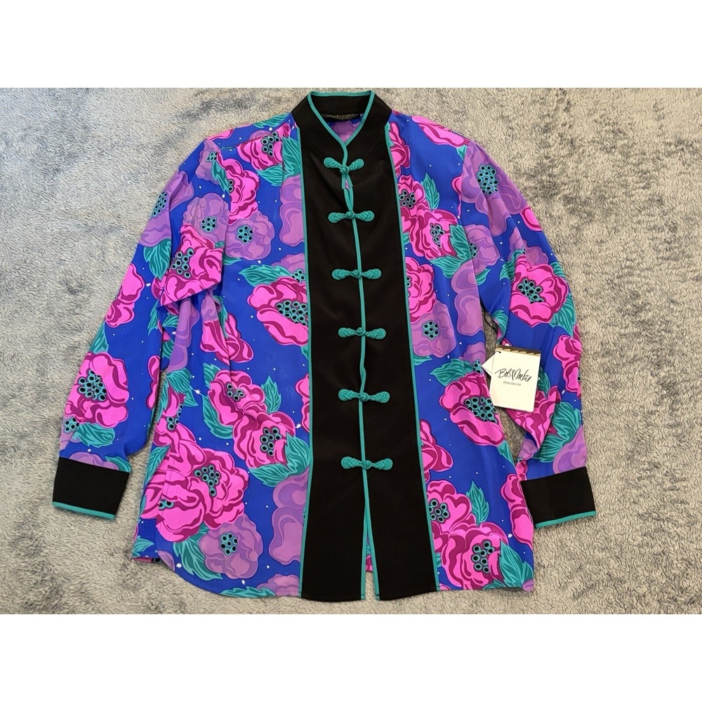 NWT Bob Mackie Wearable Art 100% Silk Kimono Robe M Floral Blue Shoulder Pads